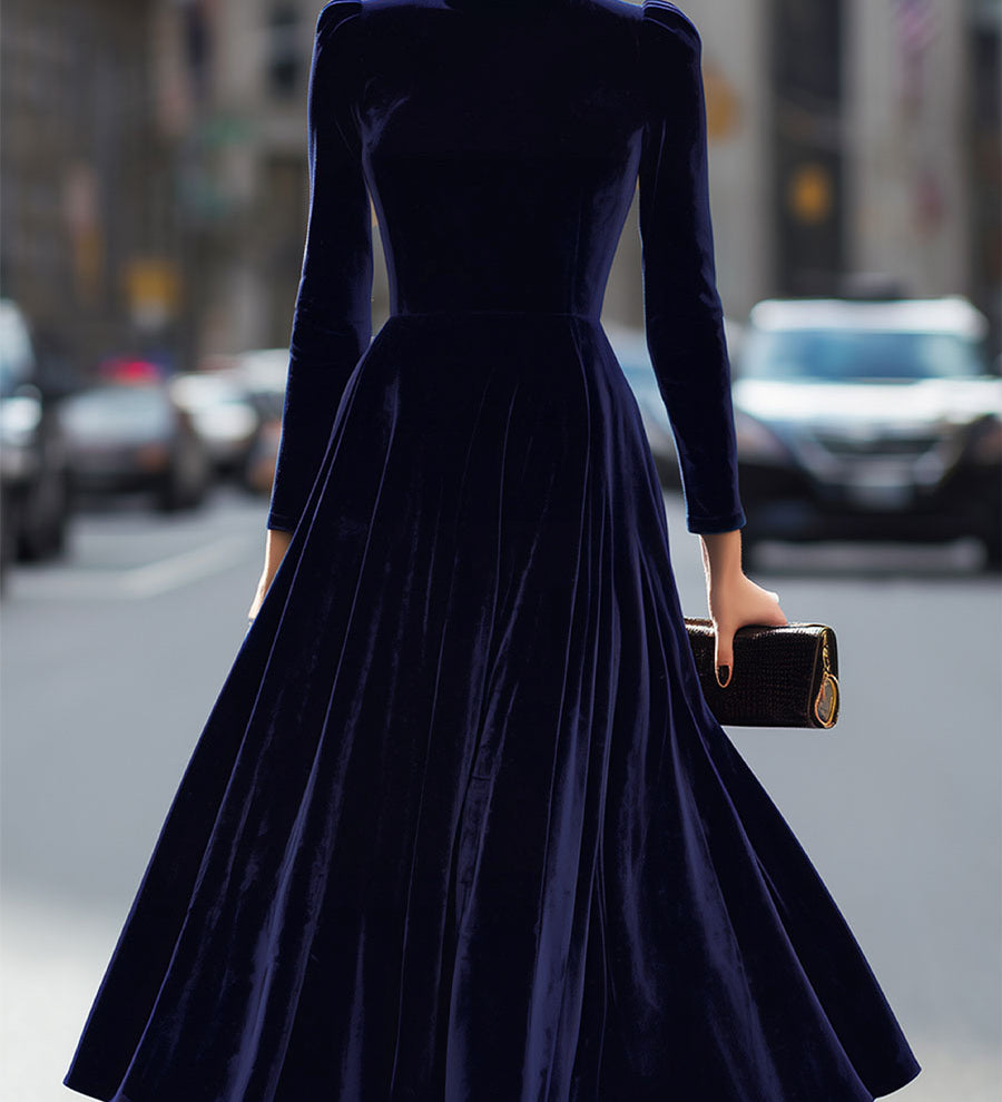 Julie | Robe Midi à Manches Longues Bleu Marine