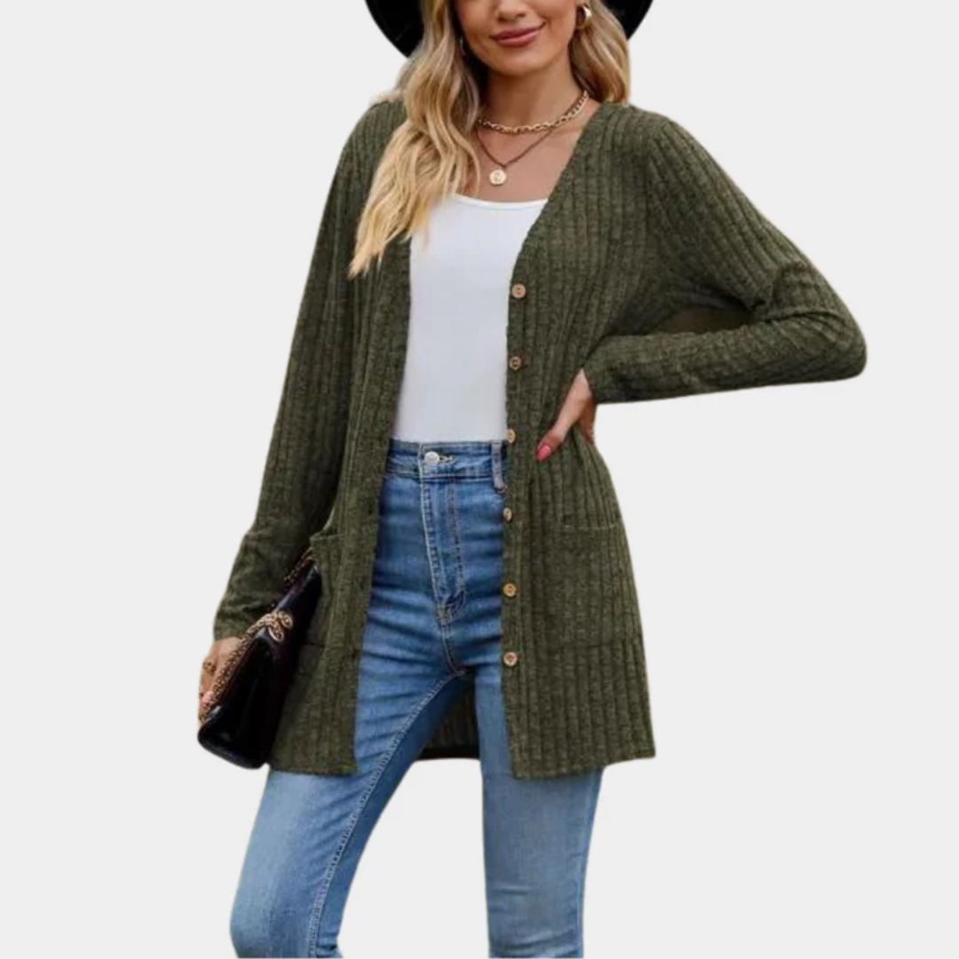 Suzanne - Cardigan long en tricot côtelé avec boutons