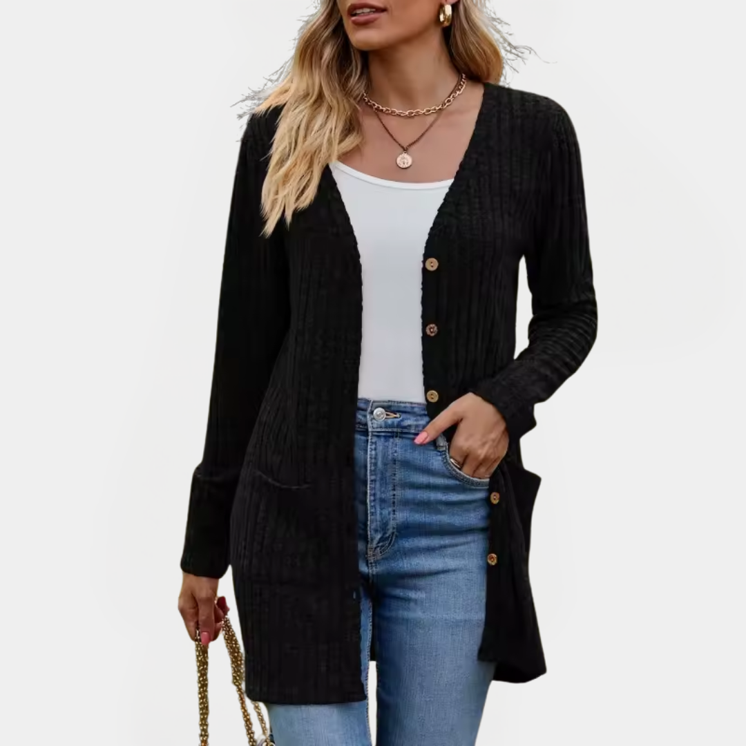 Suzanne - Cardigan long en tricot côtelé avec boutons