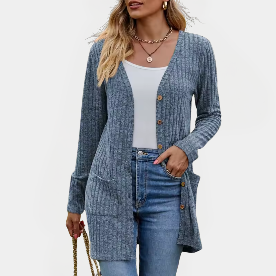 Suzanne - Cardigan long en tricot côtelé avec boutons