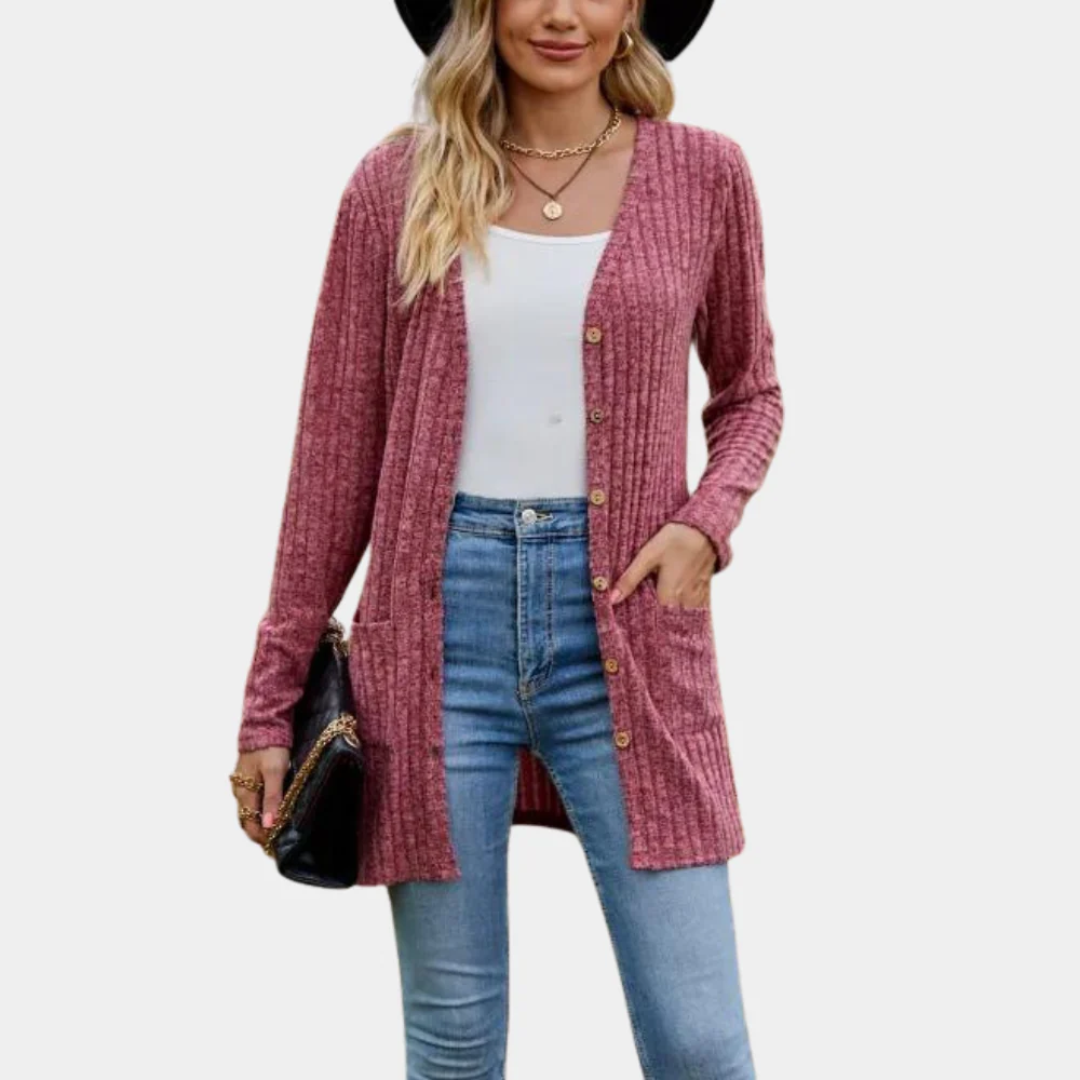 Suzanne - Cardigan long en tricot côtelé avec boutons