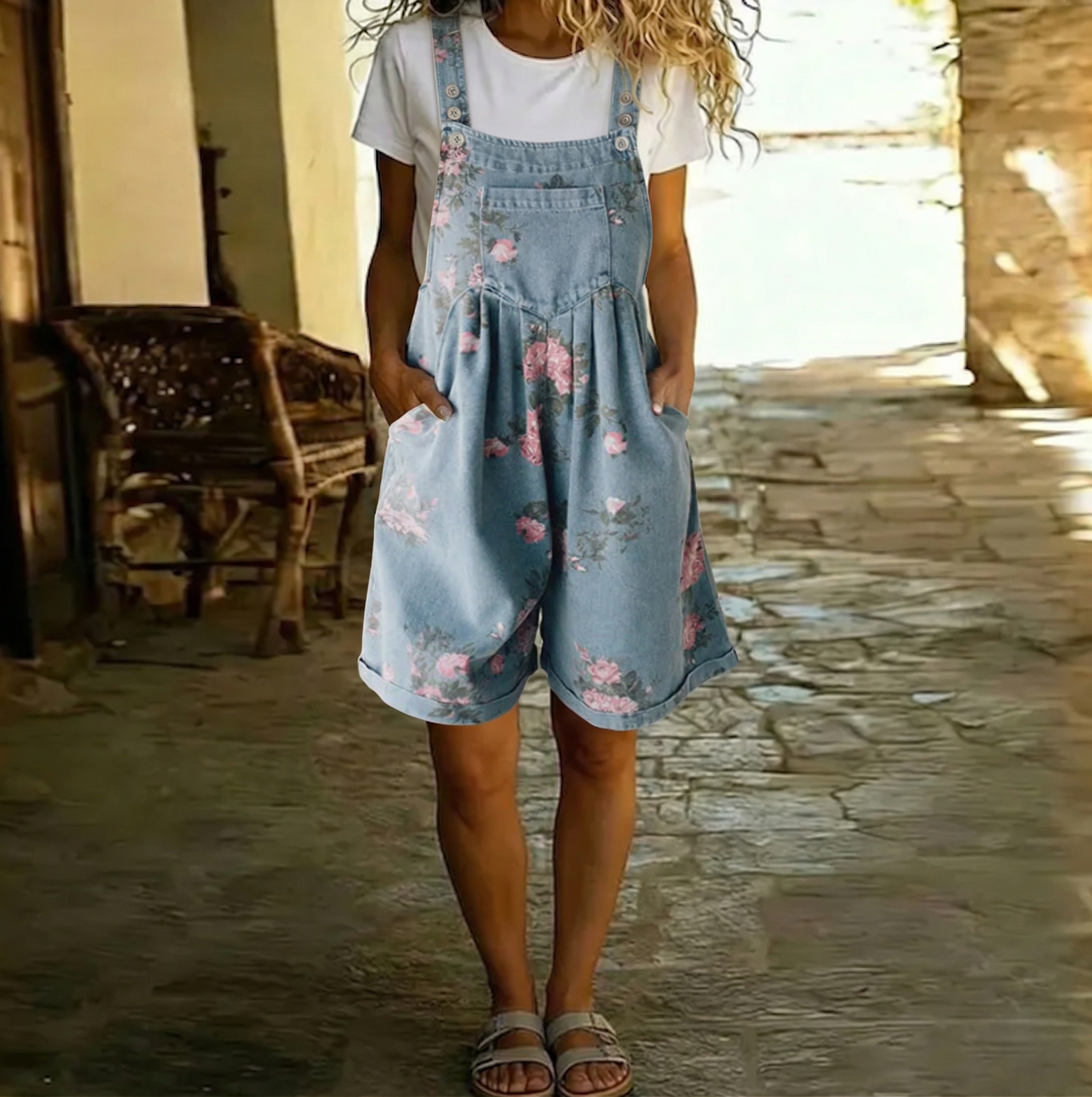 Eugénie | Combinaison en denim floral lavé vintage