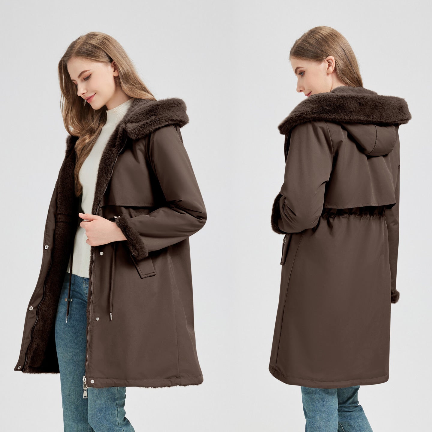 Séraphine | Parka longue pour femme avec capuche amovible et cordon ajustable à la taille
