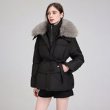 Marise | Veste courte matelassée pour femme avec col en fausse fourrure amovible et ceinture