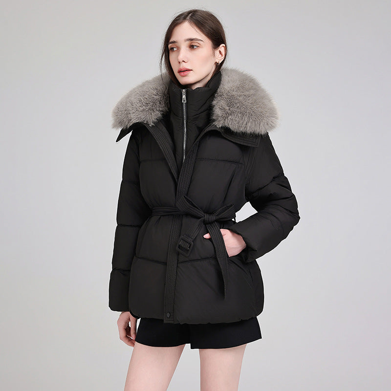 Marise | Veste courte matelassée pour femme avec col en fausse fourrure amovible et ceinture