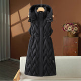 Olympe | Gilet long matelassé pour femme, avec capuche et cordon ajustable à la taille