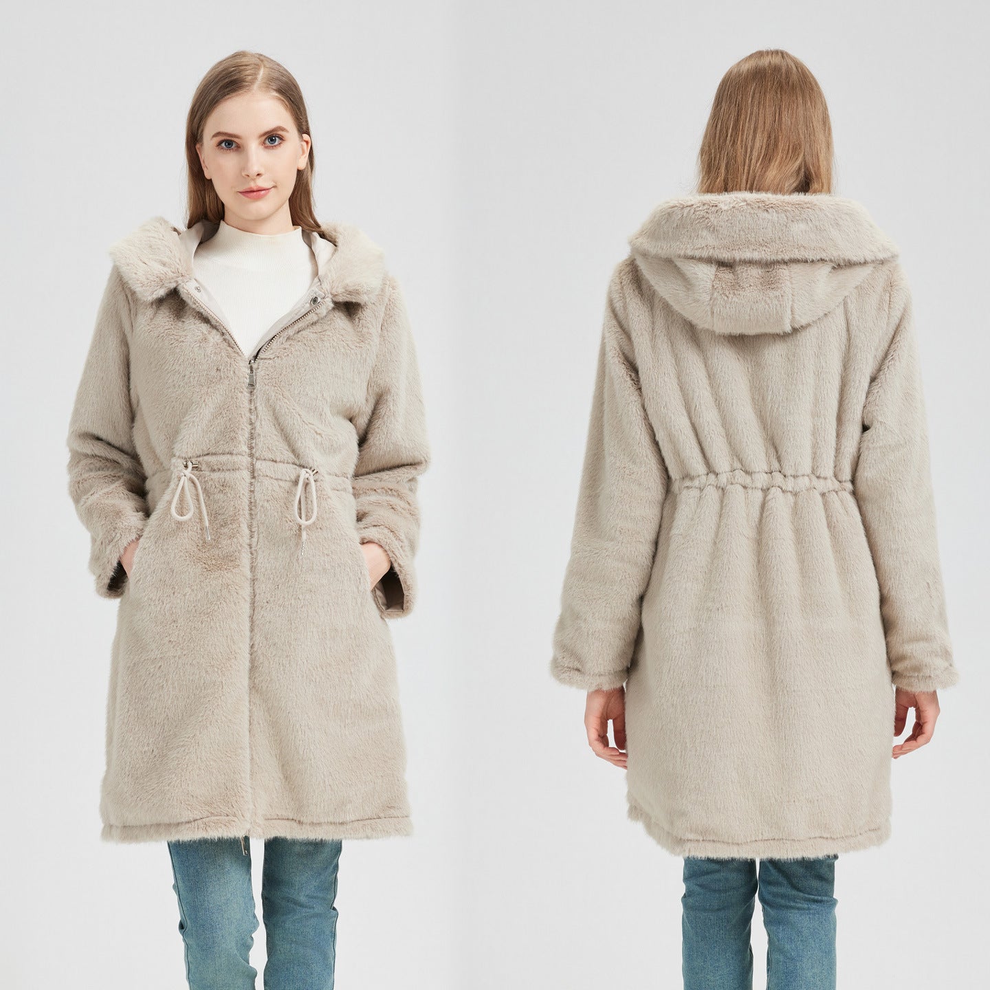 Séraphine | Parka longue pour femme avec capuche amovible et cordon ajustable à la taille
