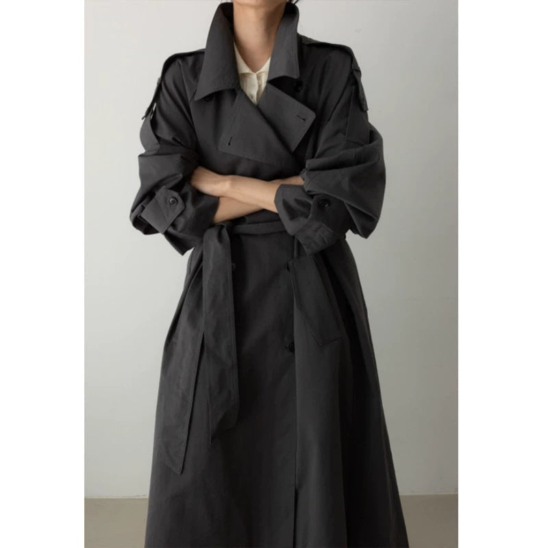 Prisca | Gabardine oversize femme, de longueur maxi, avec ceinture à la taille et épaulettes
