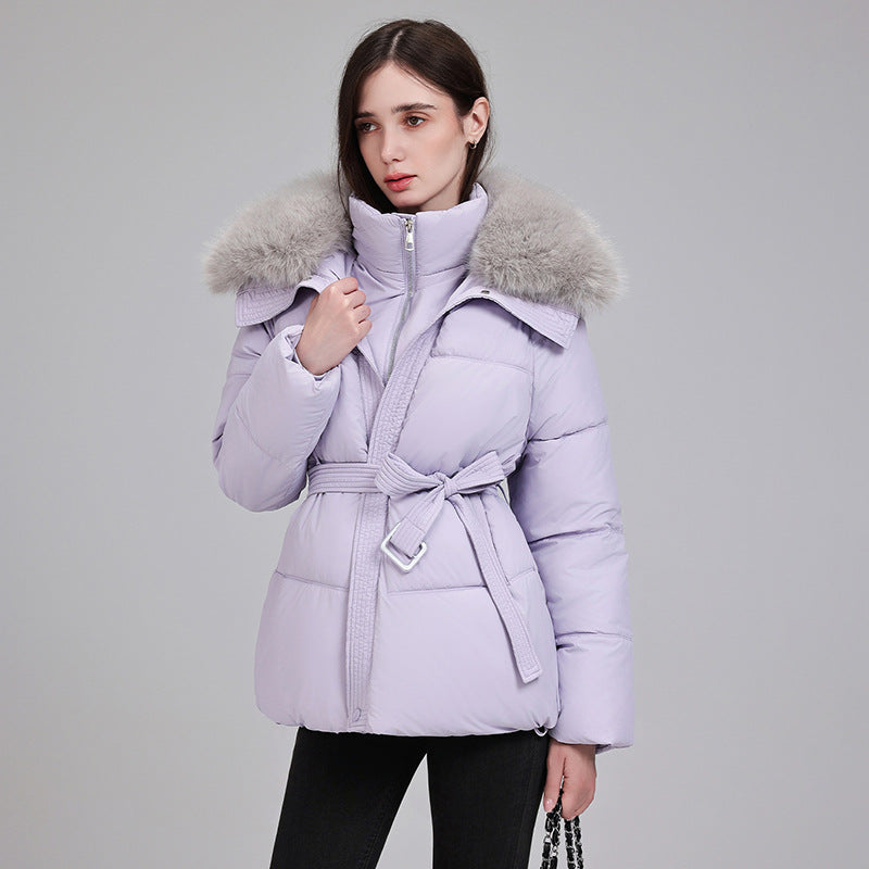 Marise | Veste courte matelassée pour femme avec col en fausse fourrure amovible et ceinture