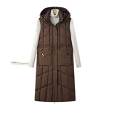 Kalinda | Gilet thermique long pour femme, matelassé, avec capuche et poches multifonctions