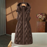 Olympe | Gilet long matelassé pour femme, avec capuche et cordon ajustable à la taille