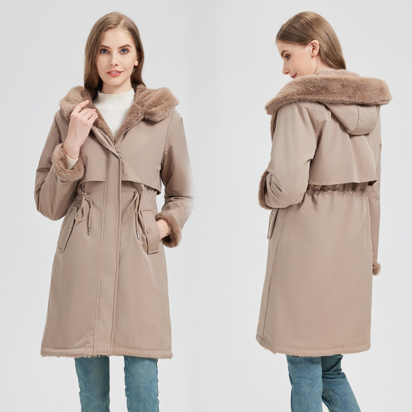 Séraphine | Parka longue pour femme avec capuche amovible et cordon ajustable à la taille