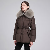 Marise | Veste courte matelassée pour femme avec col en fausse fourrure amovible et ceinture