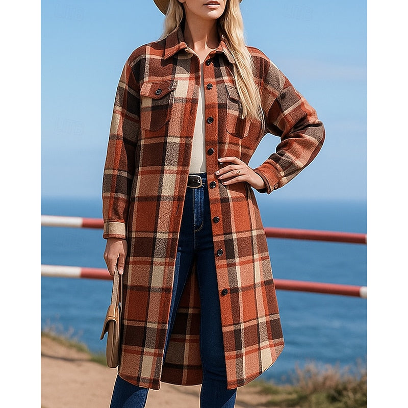 Guilaine | Manteau long pour femme à motif à carreaux, avec boutons et poches