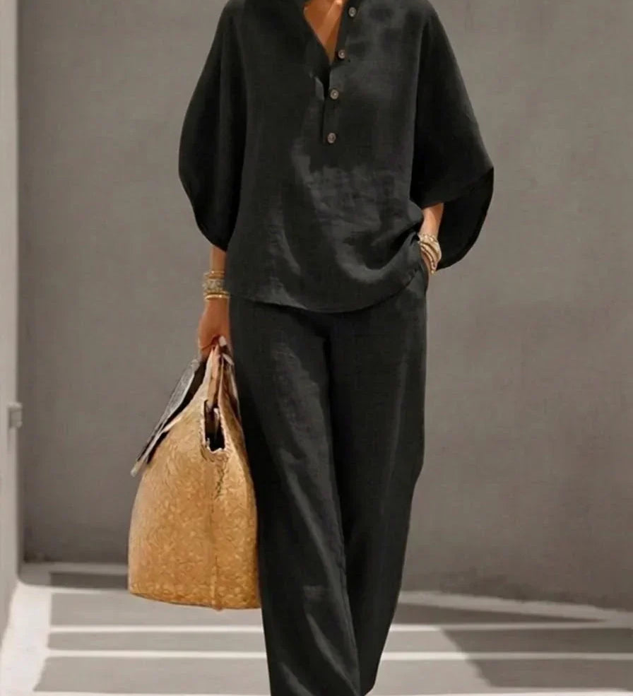 Maribel™ | Ensemble en lin à manches chauve-souris et pantalon ample
