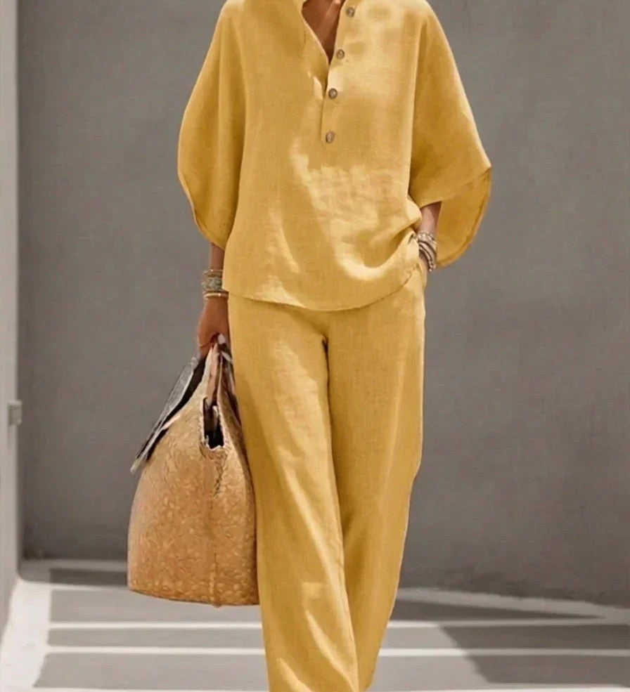 Maribel™ | Ensemble en lin à manches chauve-souris et pantalon ample