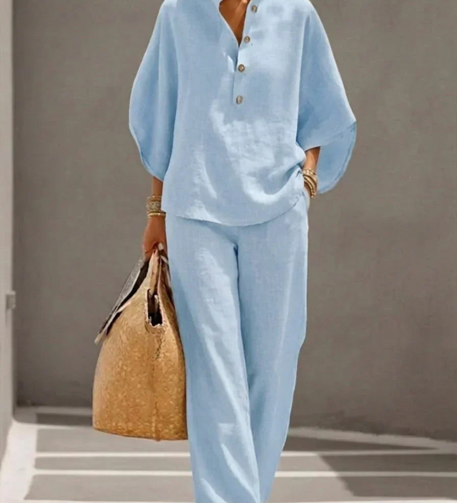 Maribel™ | Ensemble en lin à manches chauve-souris et pantalon ample
