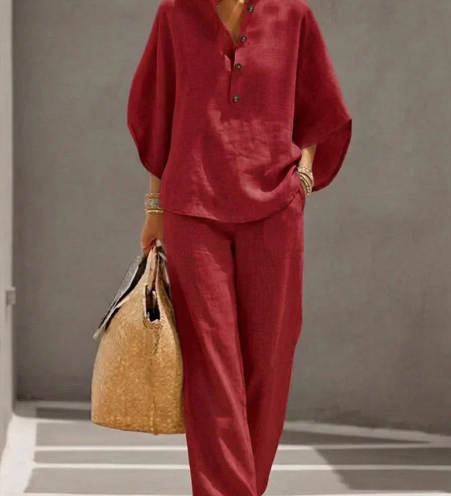 Maribel™ | Ensemble en lin à manches chauve-souris et pantalon ample