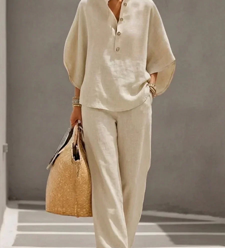 Maribel™ | Ensemble en lin à manches chauve-souris et pantalon ample