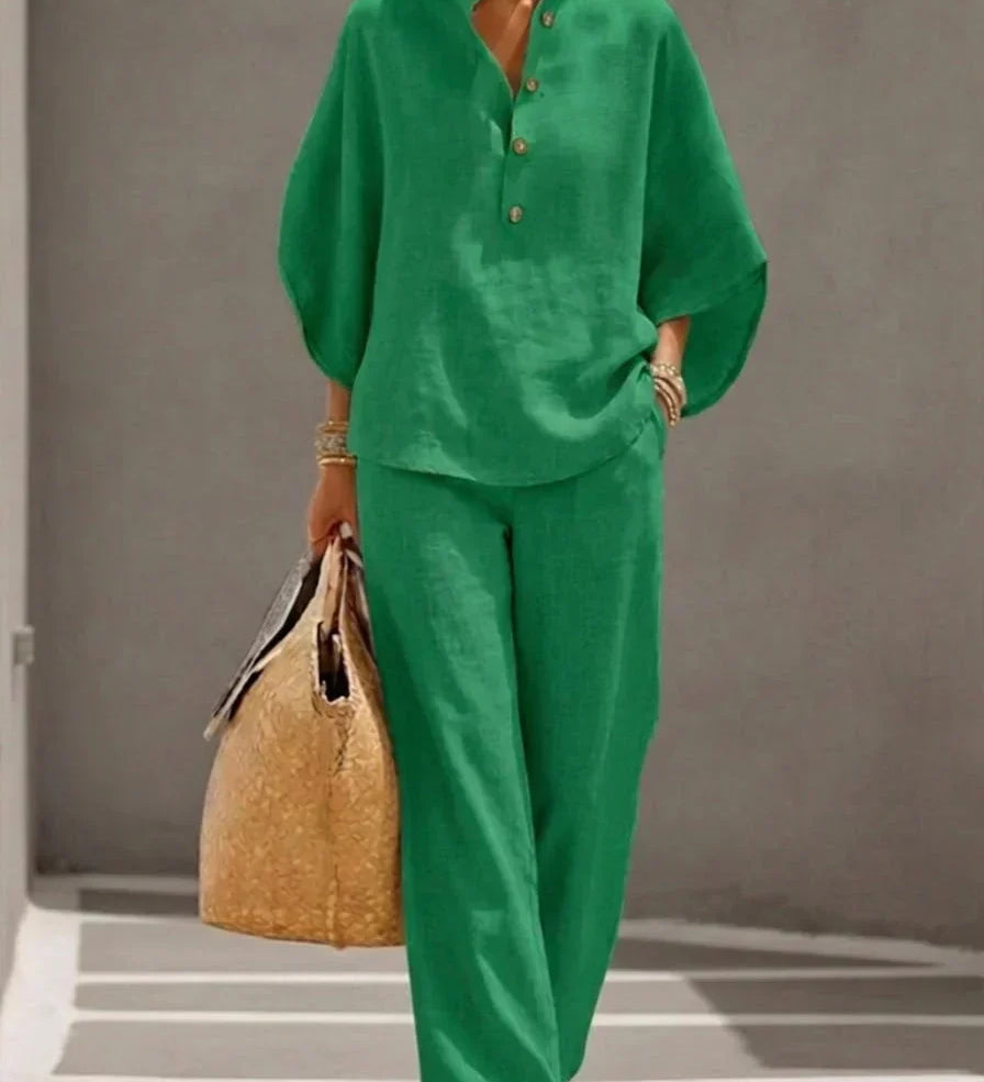 Maribel™ | Ensemble en lin à manches chauve-souris et pantalon ample